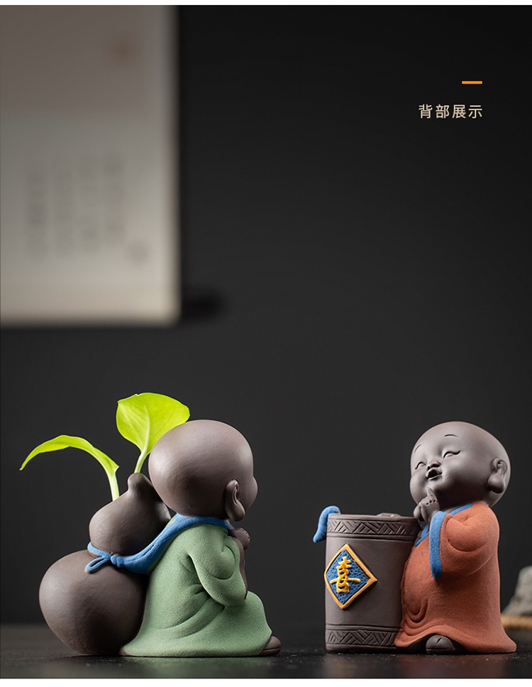十方清梵 创意紫砂五福小和尚家居客厅水培小花瓶装饰摆件书房办公桌