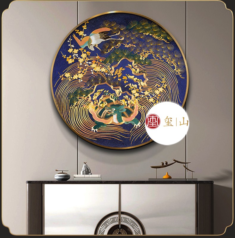 玺山 高档中式玄关装饰画圆形纯手工掐丝珐琅彩龙飞鹤舞如意国风餐厅