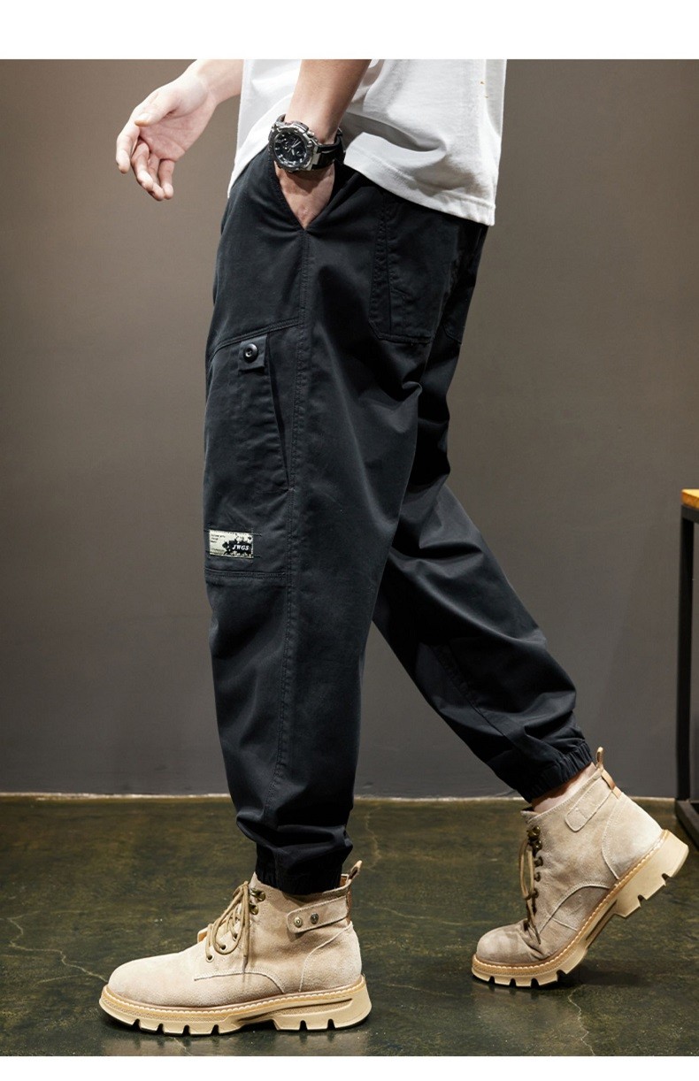 名面束脚休闲裤男宽松纯棉工装裤男士束脚裤夏季薄款大码九分裤男生加