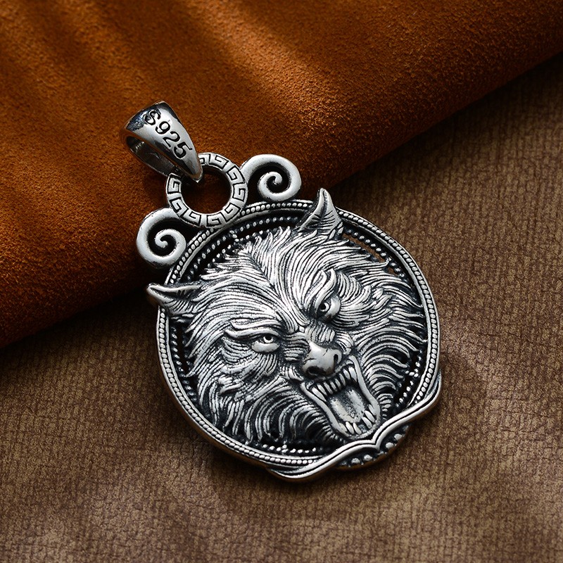 泰光银楼s925银狼头银吊坠泰银男士霸气个性银项链复古立体浮雕