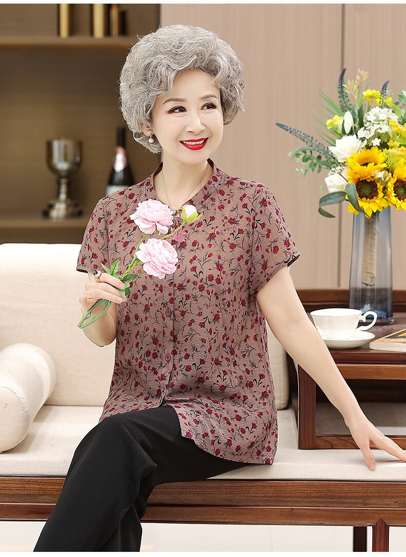 荨积老年人衣服女夏装短袖妈妈碎花衬衫60岁70老太太奶奶装小个子衬衣