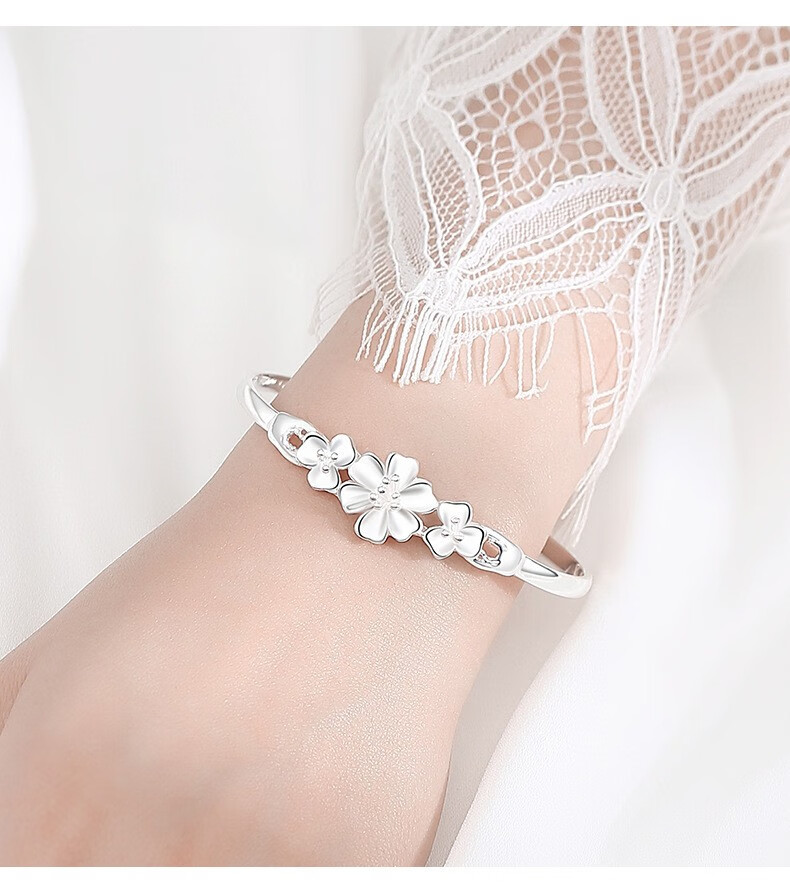 星原s999银手镯女三生花足银时尚简约饰品七夕情人节日送女友爱人