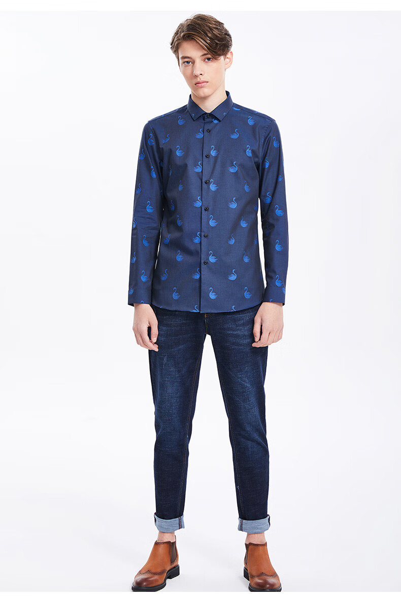 鲁泰luthai修身衬衫男长袖纯棉时尚青年提花男士衬衣蓝色39