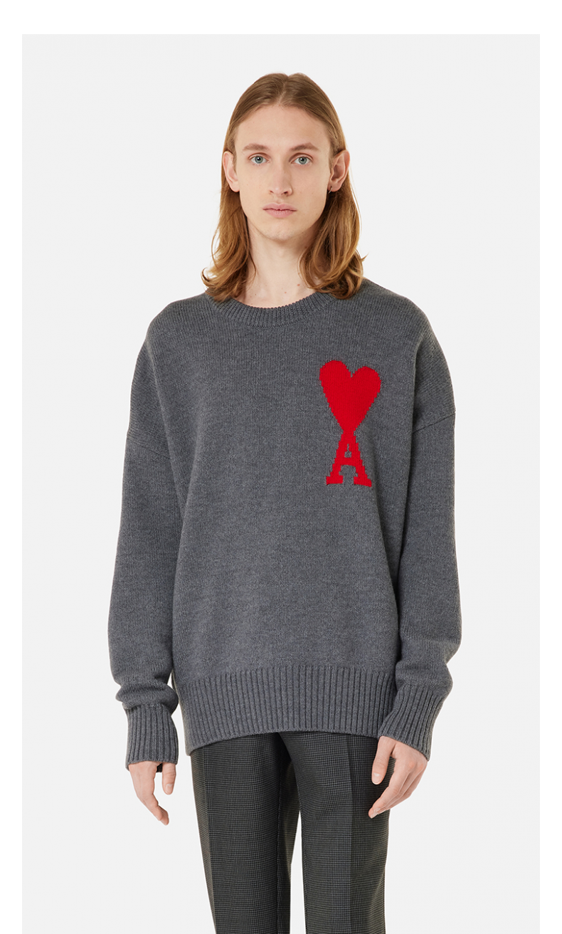 ami paris 21秋冬新品ami de coeur红色爱心圆领毛衣 055烟灰色 s