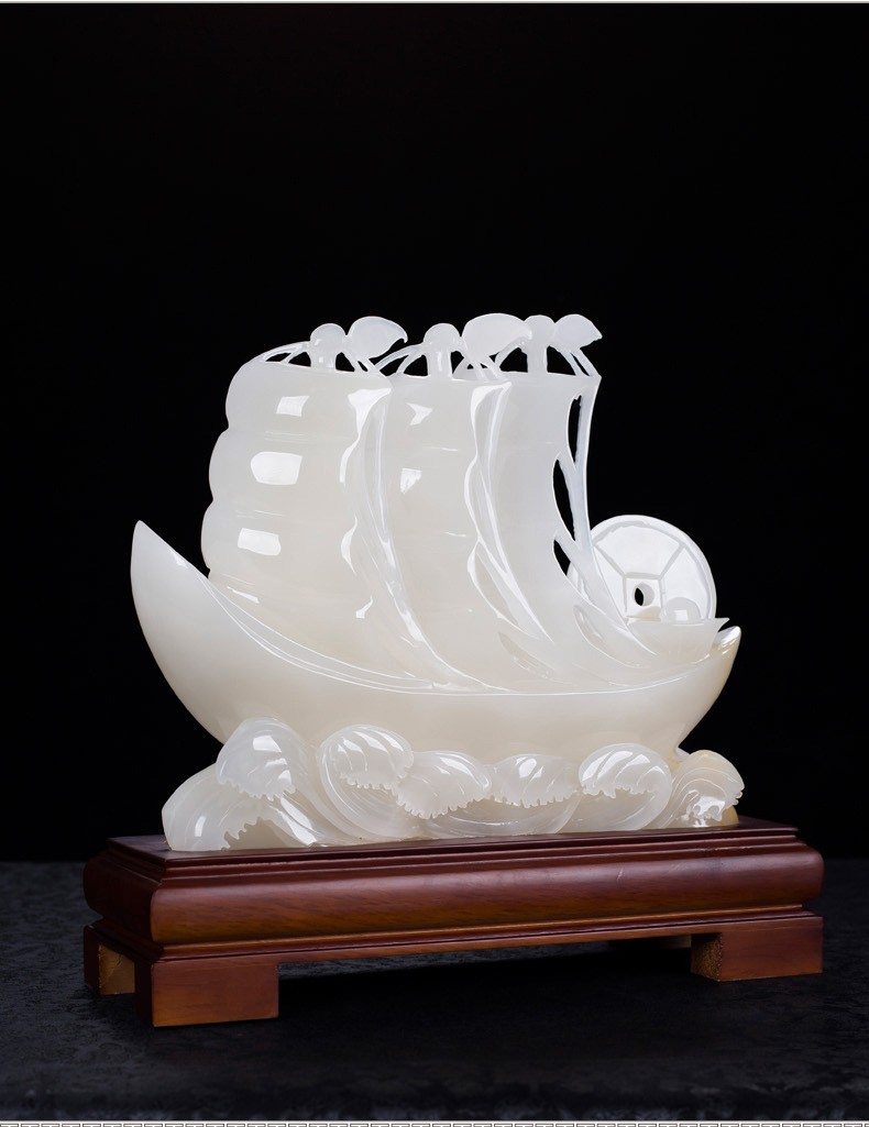 铂悦玺熙玉石帆船摆件一帆风顺玉雕石头摆件客厅玄关办公室桌面装饰