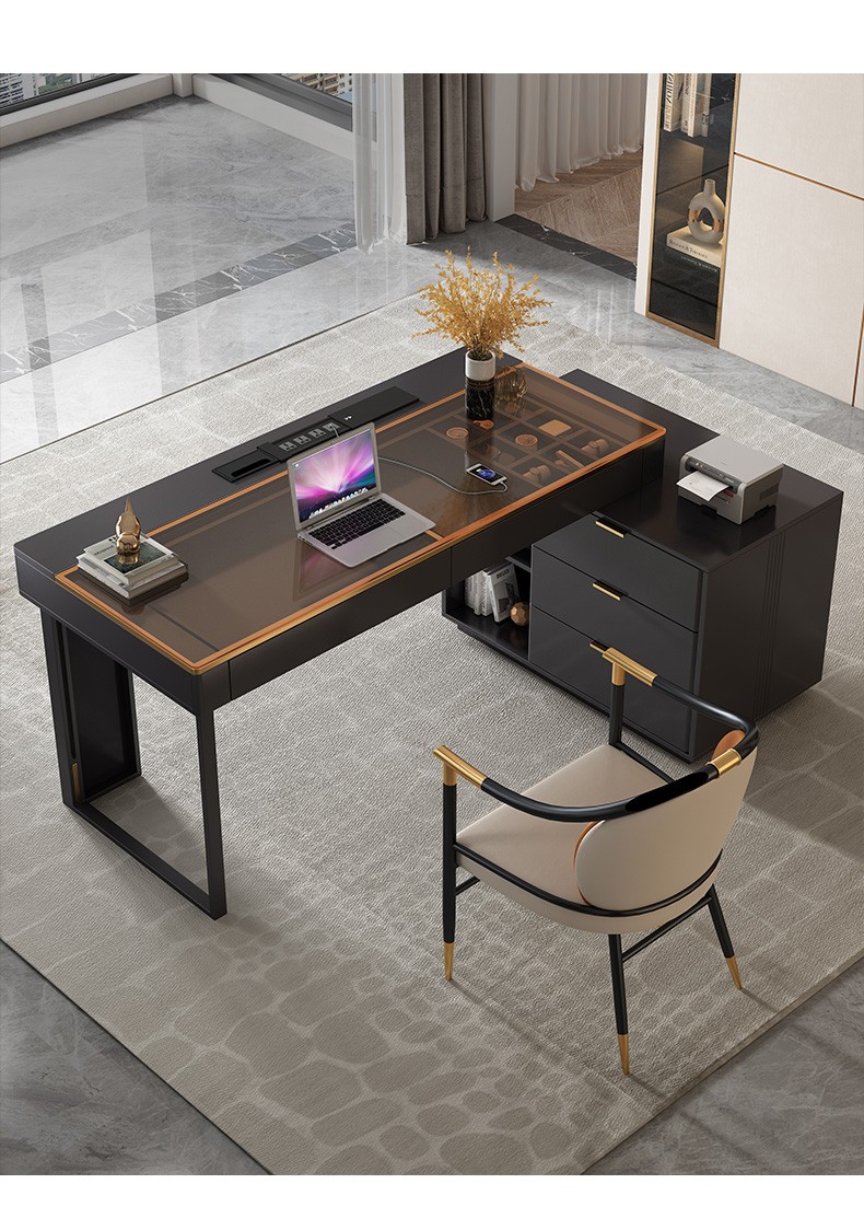 佳奢茗居轻奢书桌钢化玻璃办公桌台面转角家用书房电脑桌高端工作台16