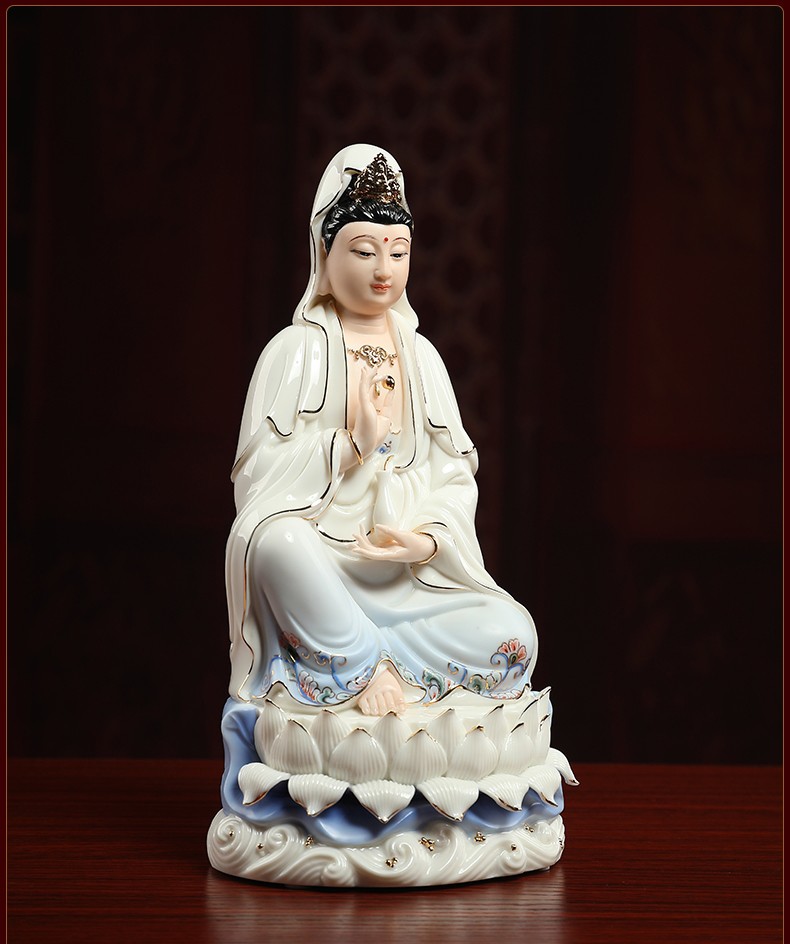 奎煌品牌南海观音菩萨佛像供奉家用坐莲佛摆件德化白瓷观世音菩萨像d0