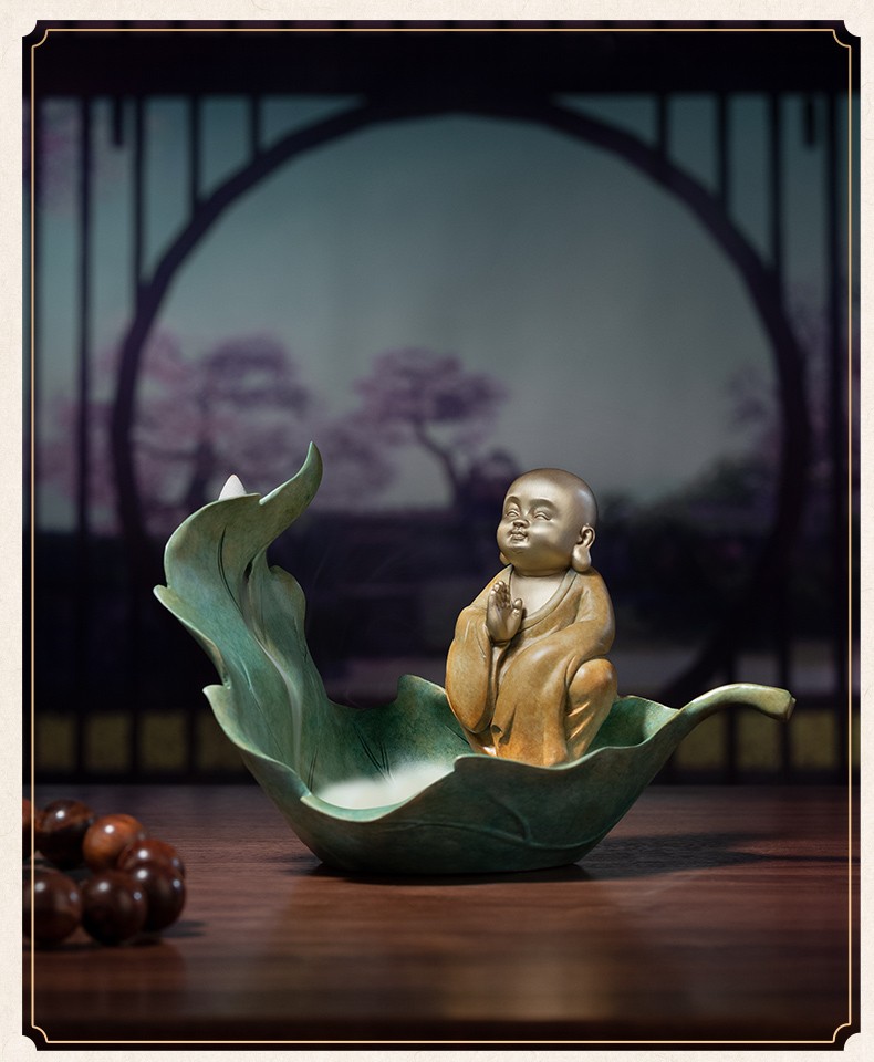铜师傅全铜摆件心如菩提倒流香插中式家居客厅装饰礼品小和尚禅意办公