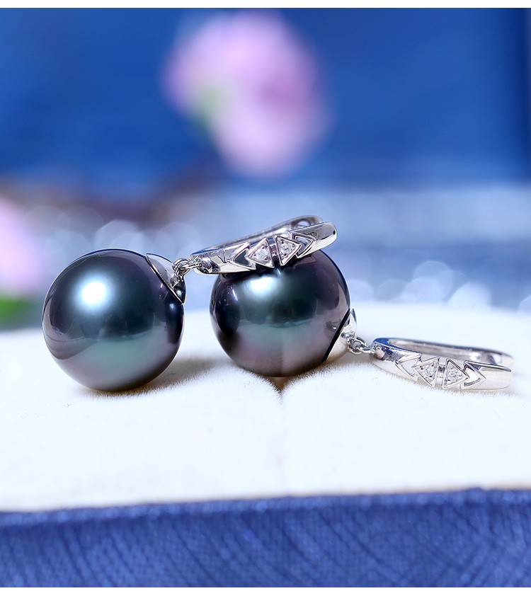 源生珠宝代萱大溪地黑珍珠耳环正圆强光海水珍珠耳饰优雅大溪地黑珍珠