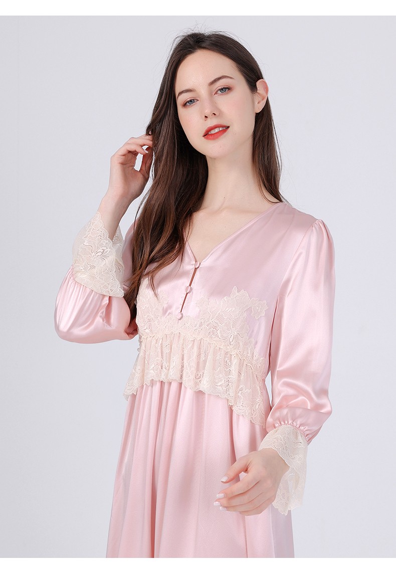 法莱舒卡重磅真丝睡裙可外穿v领睡衣女蕾丝家居服100桑蚕丝胭脂红m