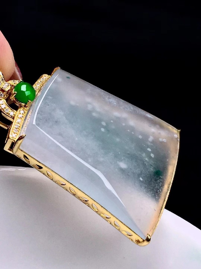 发源地 冰种木那飘花无事牌吊坠 18k金镶钻缅甸a货翡翠玉石珠宝送女友