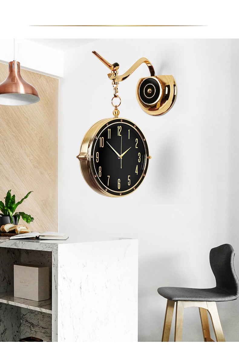 欧式轻奢镀金双面挂钟客厅走时两面钟家用石英钟装饰挂墙挂钟北欧时钟