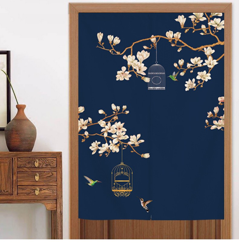 中式门帘隔断帘短款布艺免打孔卧室家用半帘厕所布帘伸缩杆新款幽雅