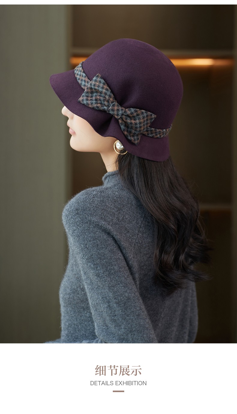 布塔时尚羊毛呢毡帽女秋冬天百搭保暖礼帽百搭大檐蝴蝶结盆帽黑色均码