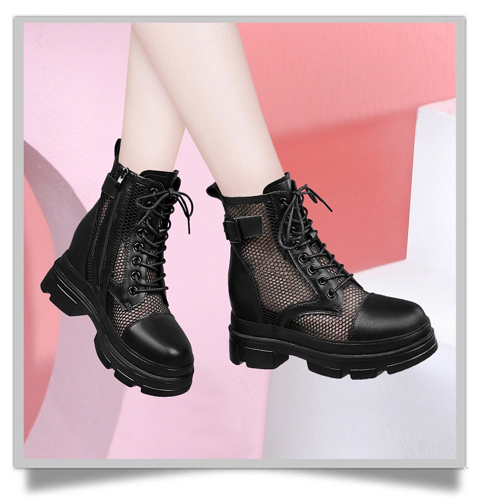 仓梵夏天马丁靴女士内增高厚底网状孔眼透气个性英伦学生时尚休闲高跟