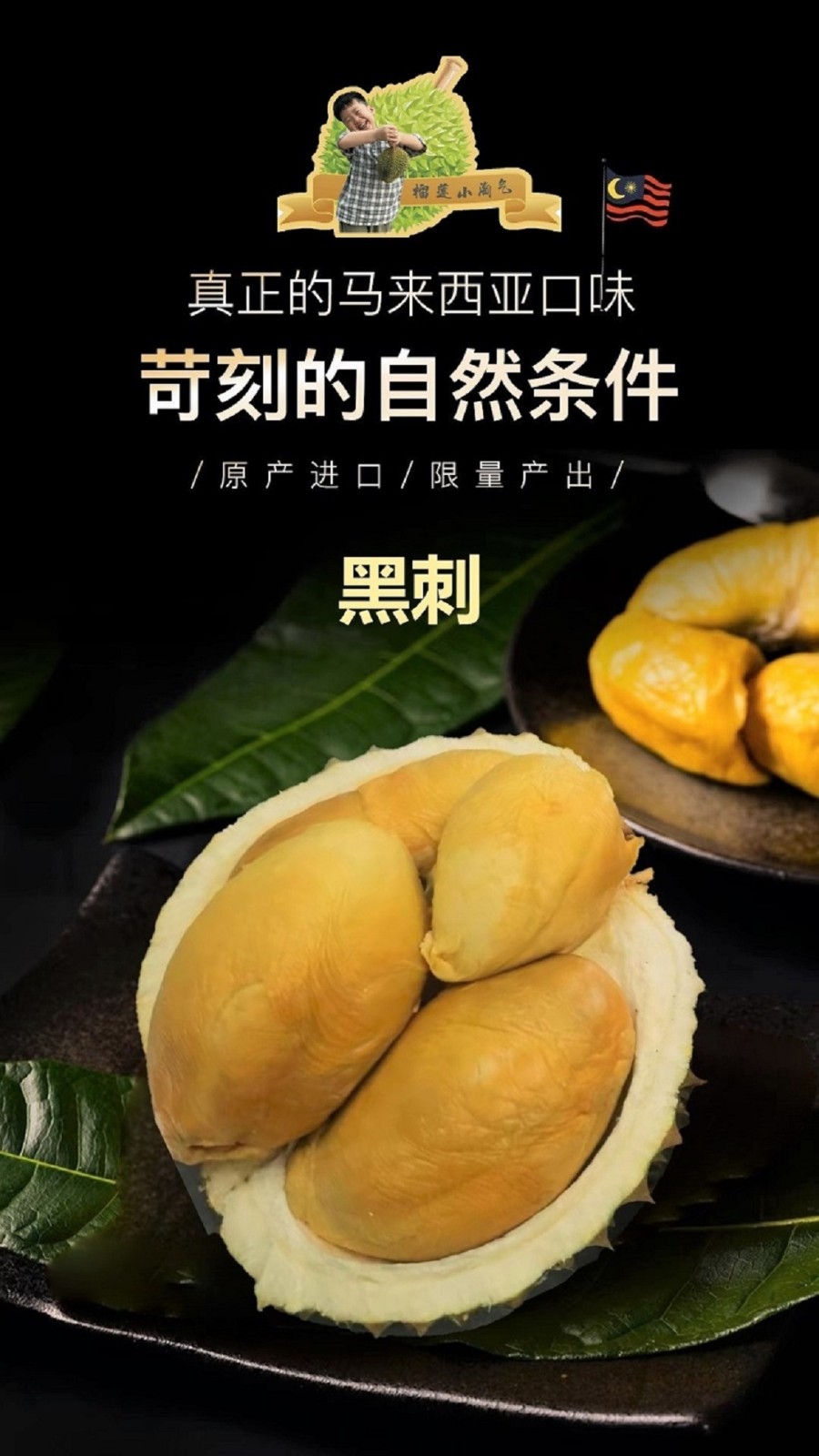 马来西亚黑刺榴莲d200带壳整个榴莲液氮冷冻保鲜榴莲新鲜水果 2.0-2.