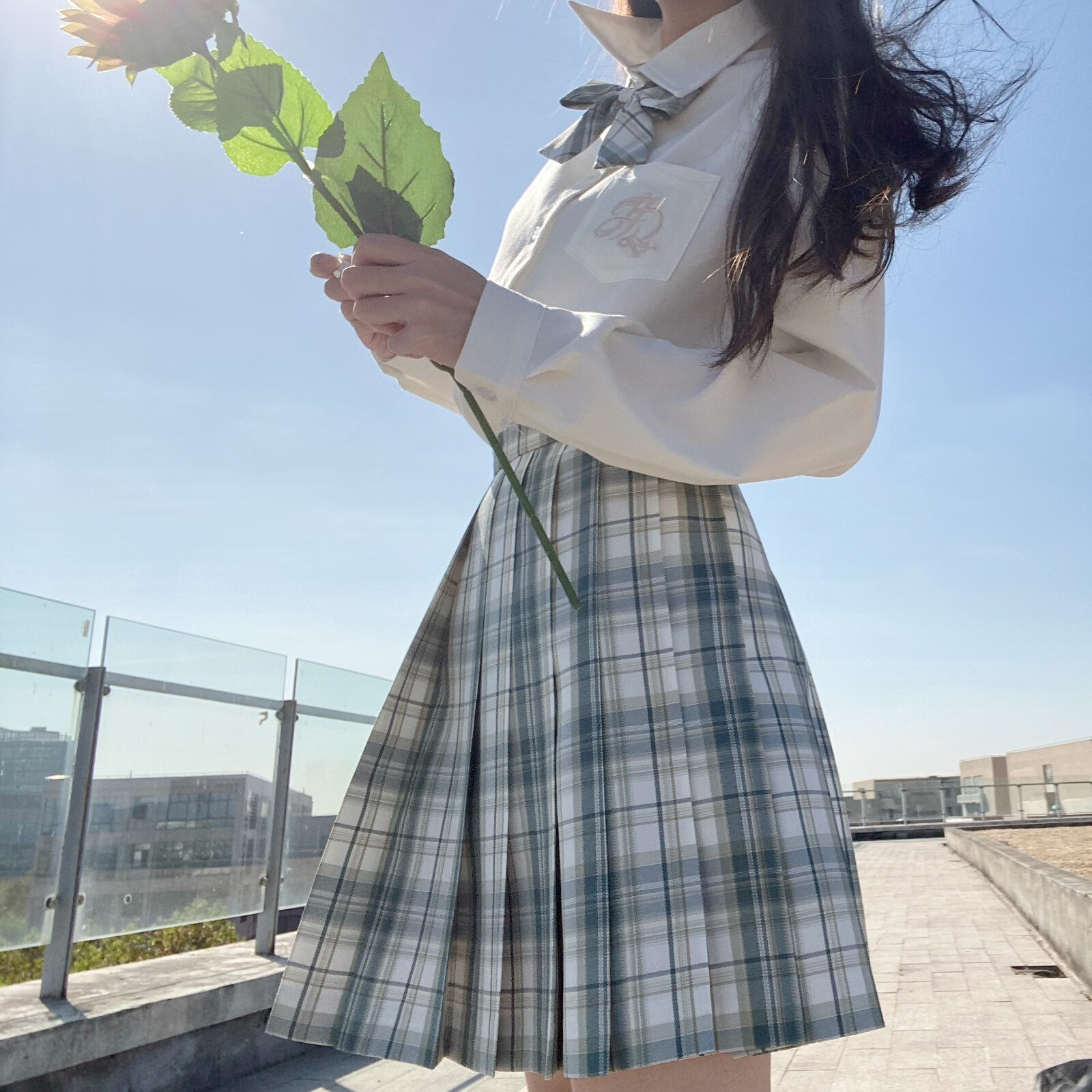 [猫耳酱jk]新款兔吉舍青箬格裙学院风半身裙百褶裙女 青箬格裙 短袖