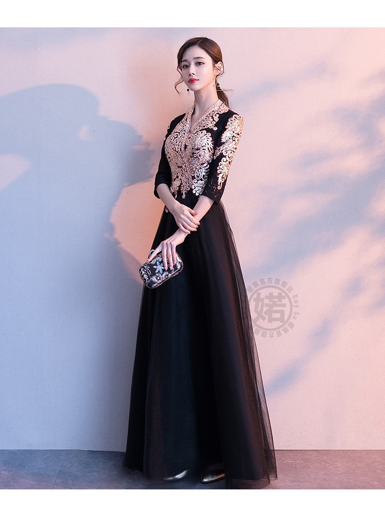 roysa婼飒品牌名媛深v领修身长款晚礼服2020新款高贵大牌黑色气质