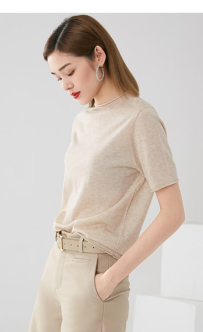 晚白新款时尚通勤纯色休闲百搭短袖简约薄t袖女杏色xl