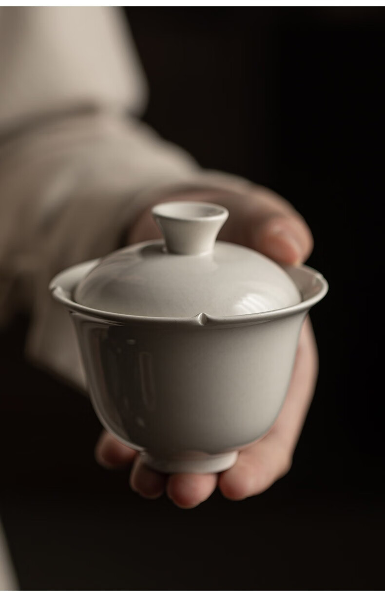 炼器 中式复古草木灰三才盖碗 高端手工陶瓷灰色茶盏 家用不烫手带盖