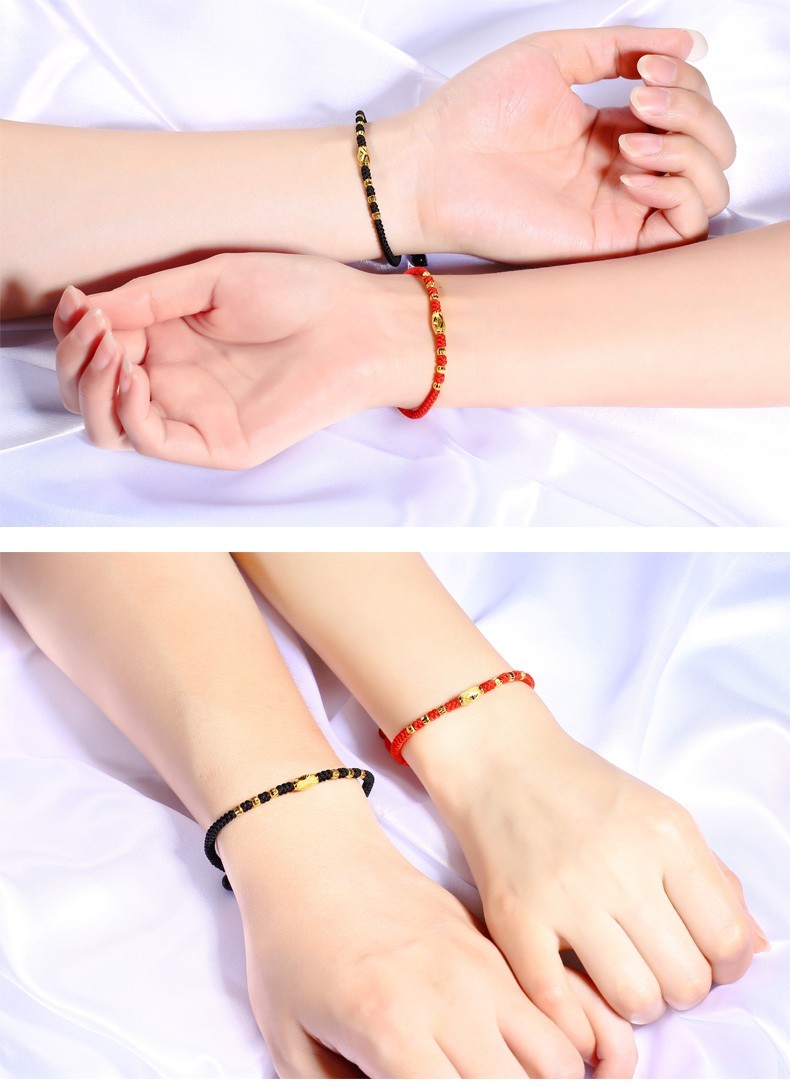绳奇黄金转运珠红绳手链女999足金本命年路路通金珠手链情侣款七夕