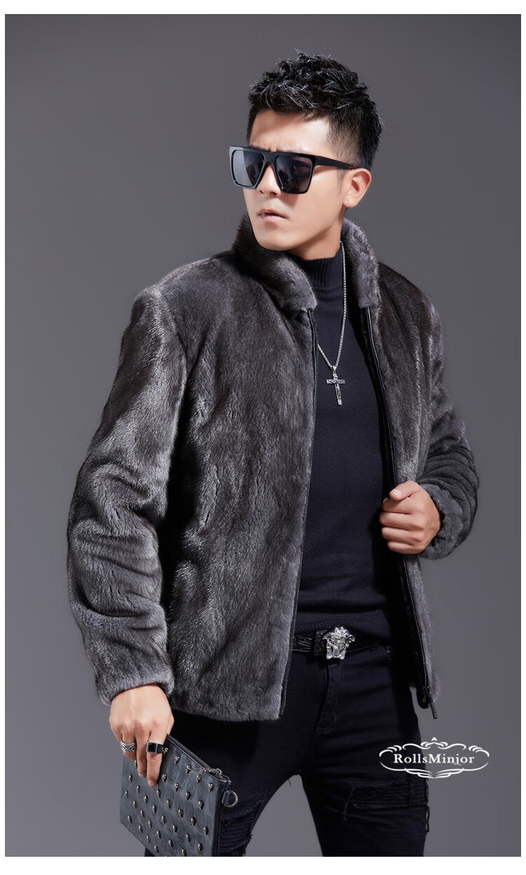 劳斯名爵品牌男装貂皮大衣男进口水貂整貂雅典灰棒球领皮草中青年休闲