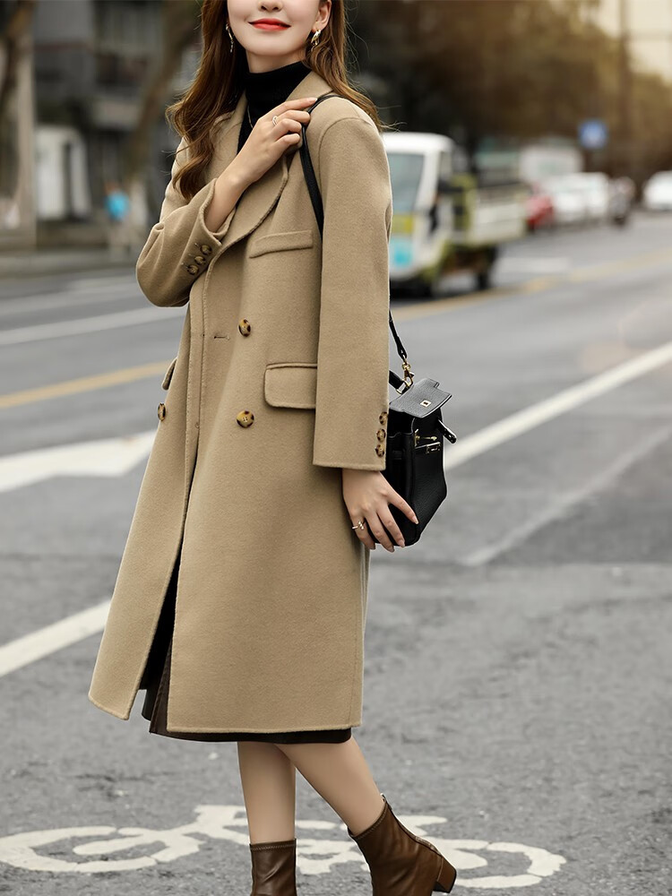 kaisifu品牌双面羊绒大衣女2021年冬季新款可可色中长款西装领气质