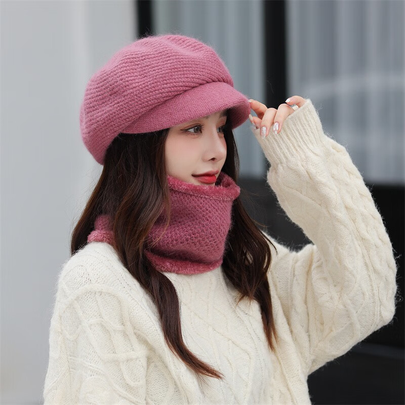 栀锦韩版帽子女秋冬季八角帽针织毛线帽冬天保暖时尚文艺贝雷帽粉色