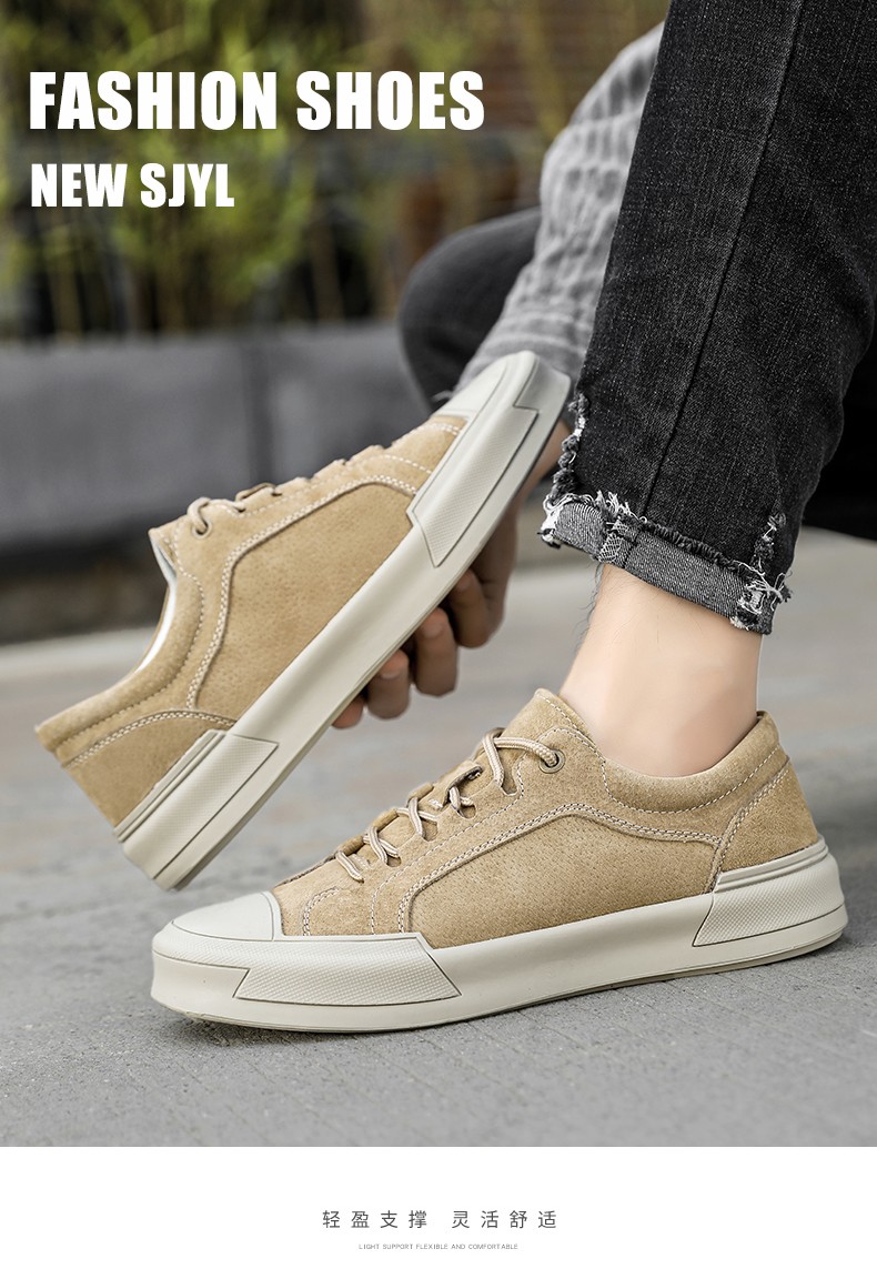 gourdine休闲鞋男新款板鞋男英伦复古潮流鞋子透气百搭皮鞋沙色39