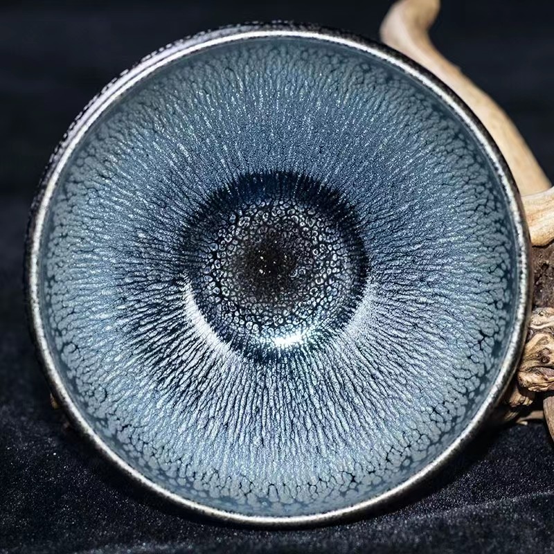 匠咫建窑建盏望银河纯手工银兔毫银毫铁胎黑底银斑束口盏钵型盏黑釉瓷