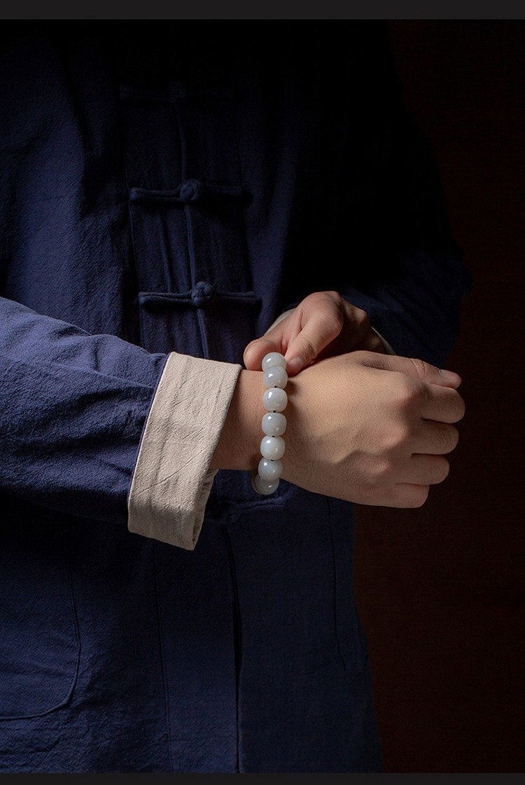 宝佩高档烟紫和田玉手串14mm老型珠单圈男士玉石手链单圈复艺简约佛珠