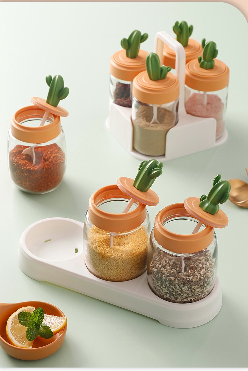 宜美汇调料收纳套装厨房加厚调味罐家用带勺密封创意调味瓶仙人掌四格