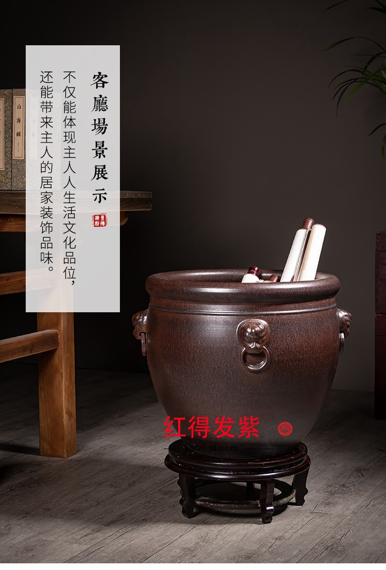 红得发紫景德镇窑变双耳陶瓷器卷轴画缸书画桶新中式客厅花瓶储物罐