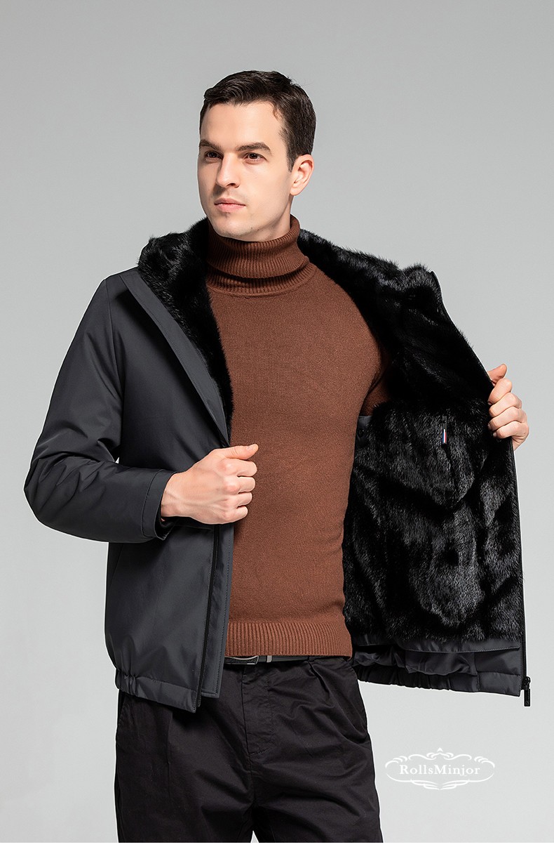 中老年男进口整貂水貂内胆连帽加厚真皮皮衣休闲皮草尼克服男深灰色l