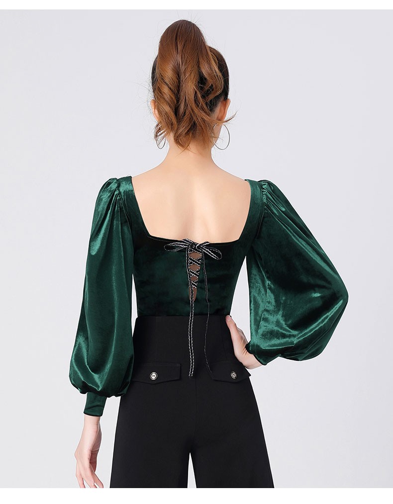 丹宝罗交谊舞衣上衣新款丝绒灯笼袖墨绿国标舞练功服秋季拉丁舞服丝绒