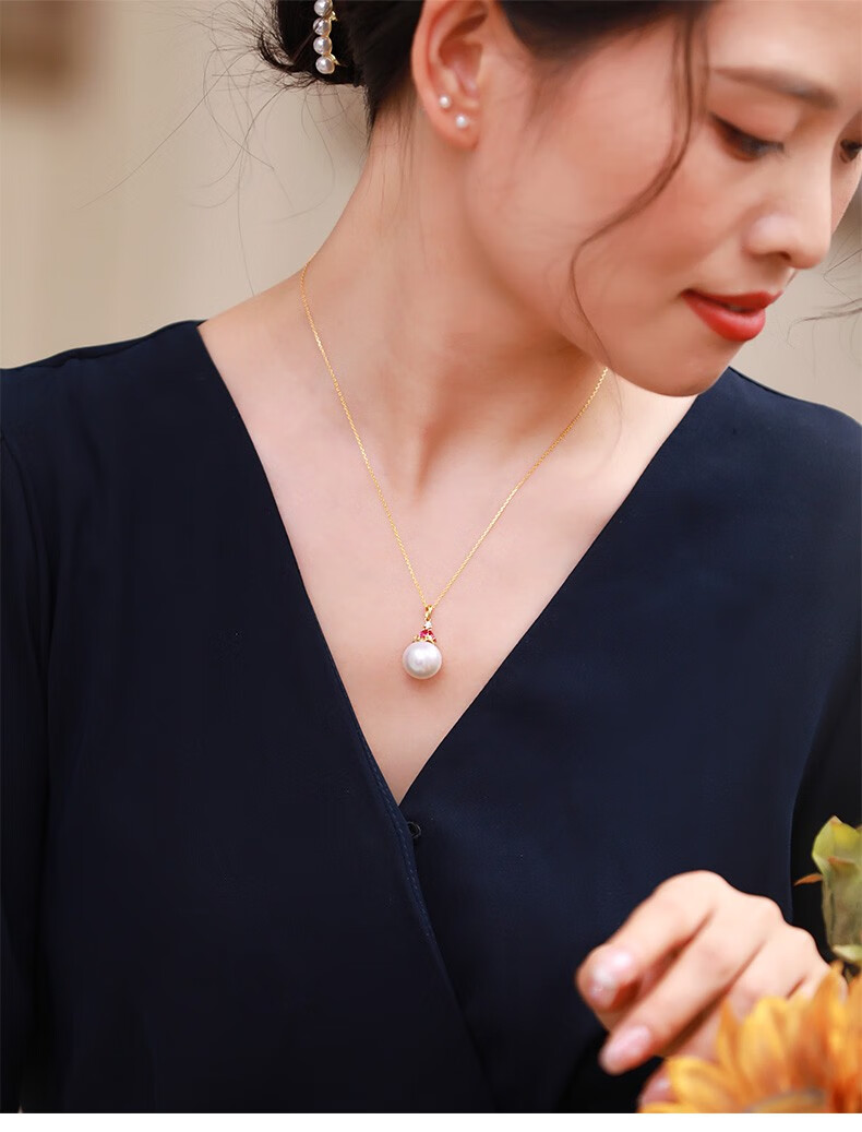 黛米珠宝虹耀正圆高亮泽淡水珍珠项链单颗女g14k金送女友1314mm