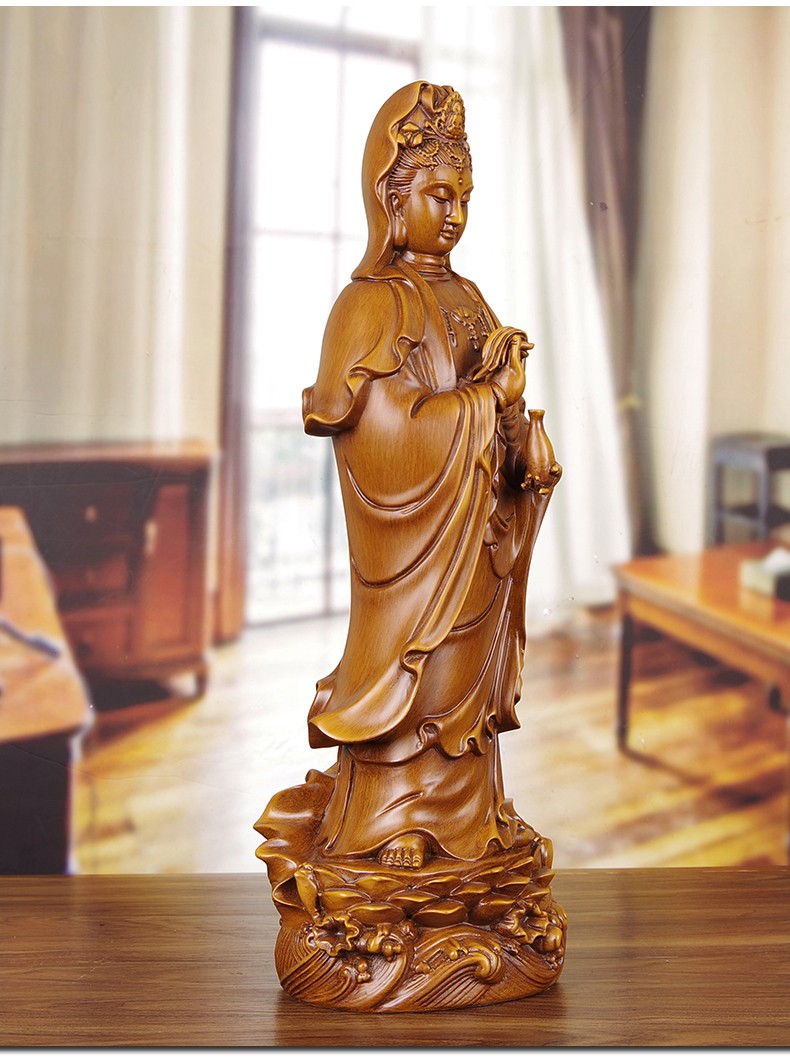 卓正实木雕观音摆件黑檀木质站像柳枝观世音菩萨神像家用观音佛像送人