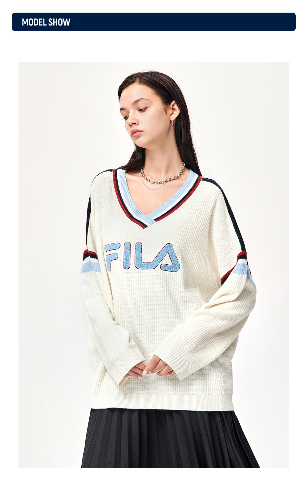 fila斐乐女装长袖毛衣女子2021秋冬v领宽松毛衫运动休闲女装针织线衫