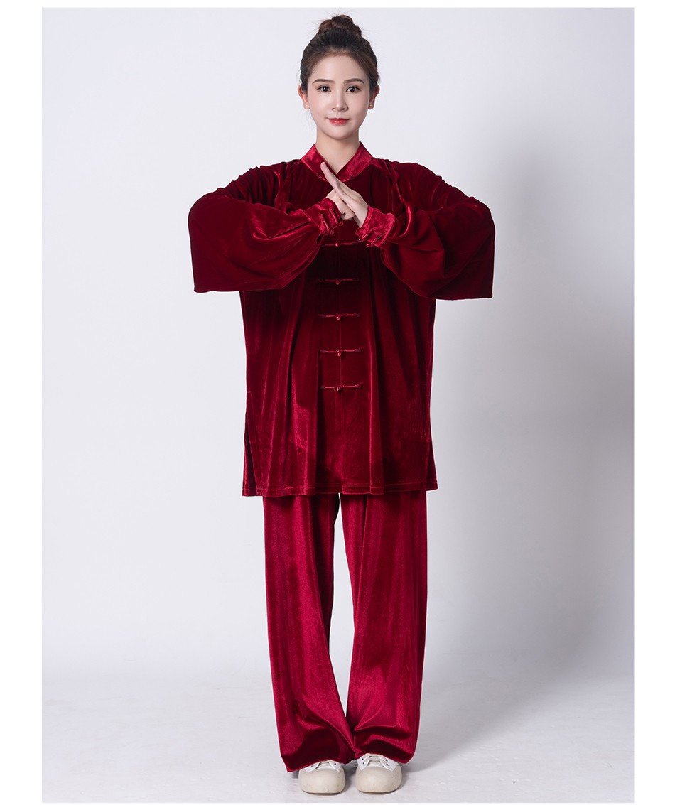服女彩扣金丝绒中老年秋冬保暖舒适太极拳练功服训练服套装 枣红色