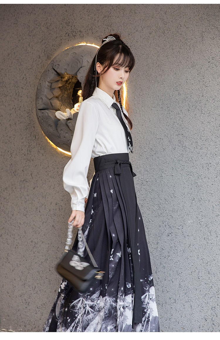 臻一萌汉服女梨月jk衬衫渐变八分马面古装改良短袖夏季汉元素套装表演