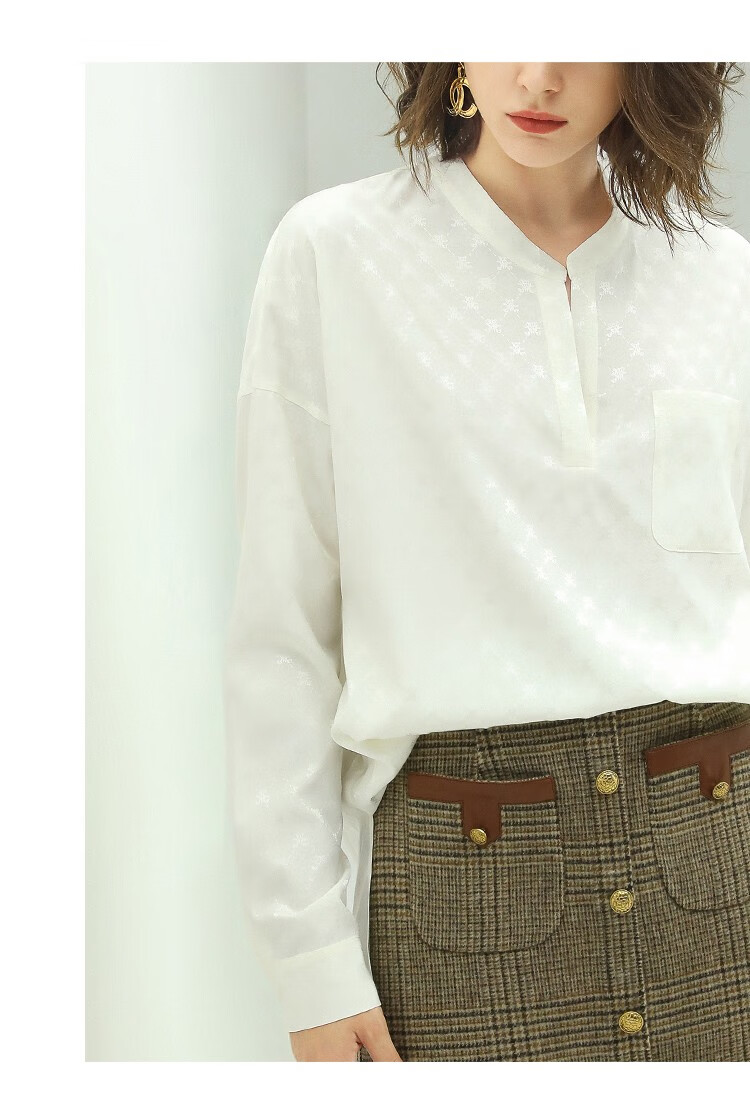 cocobella暗纹提花半开领白色衬衫女通勤ol纯色长袖衬衣sr48白色m