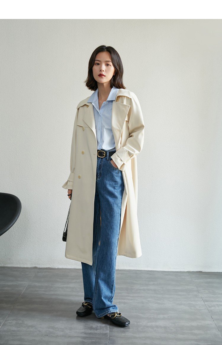 自巧小个子风衣女中长款2021春秋新款宽松显瘦英伦风外套感大衣薄米