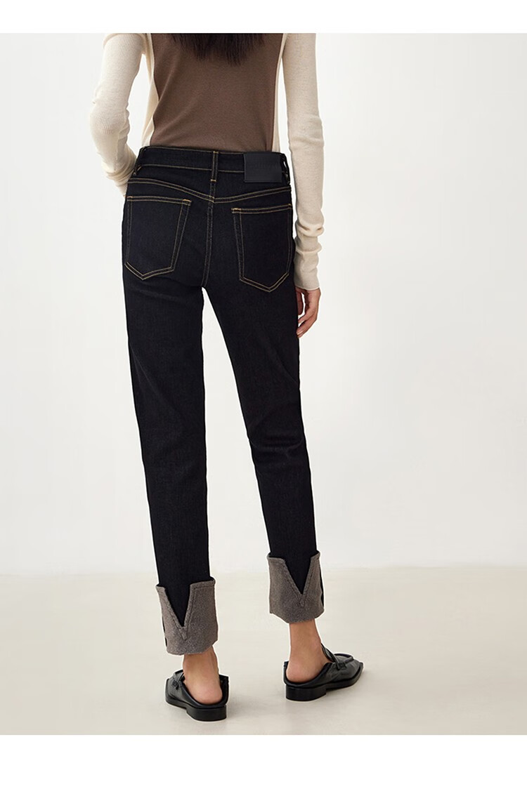 edition磨毛牛仔裤女设计感小众翻脚小直筒牛仔裤黑色牛仔黑色24xxs