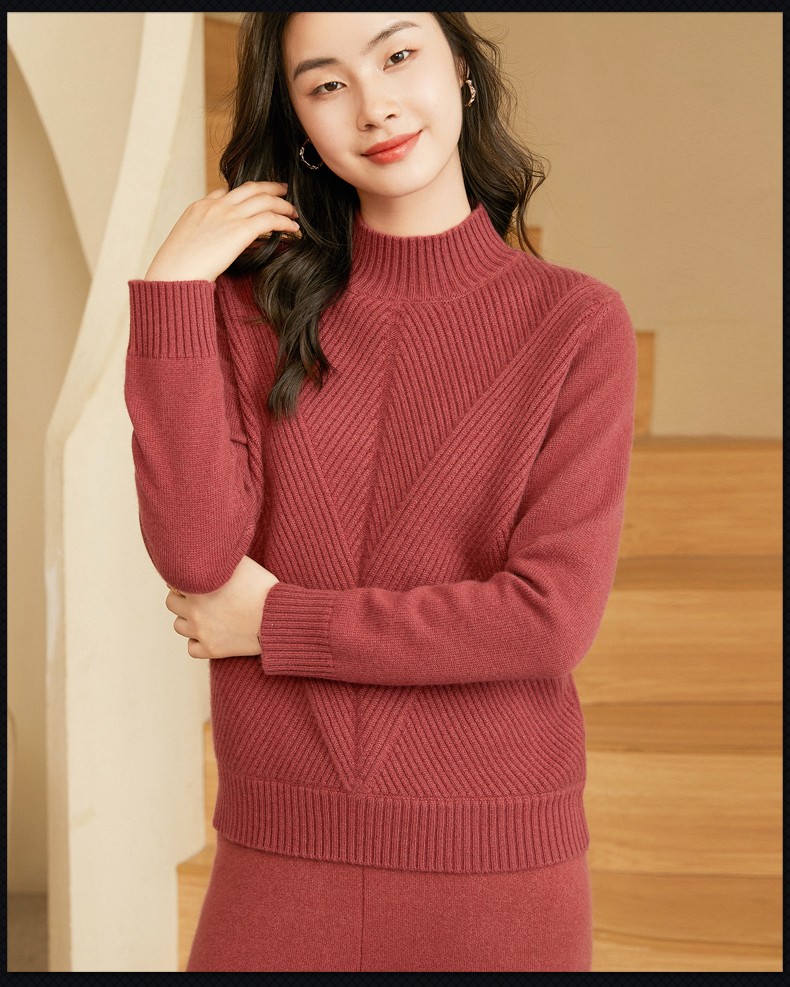 戈林斯丹2021秋冬新品女时尚抽条加厚保暖纯羊绒套衫 qmz420 红鸢色