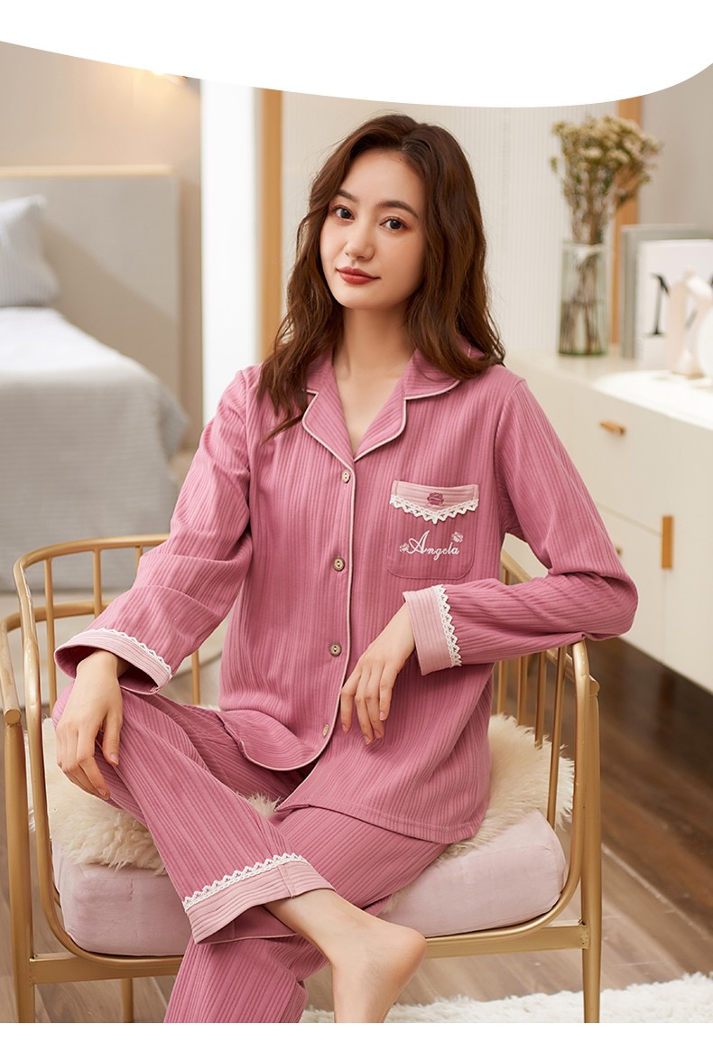 睡衣女春秋棉长袖长裤家居服时尚翻领休闲套装可外穿加大码秋冬女士