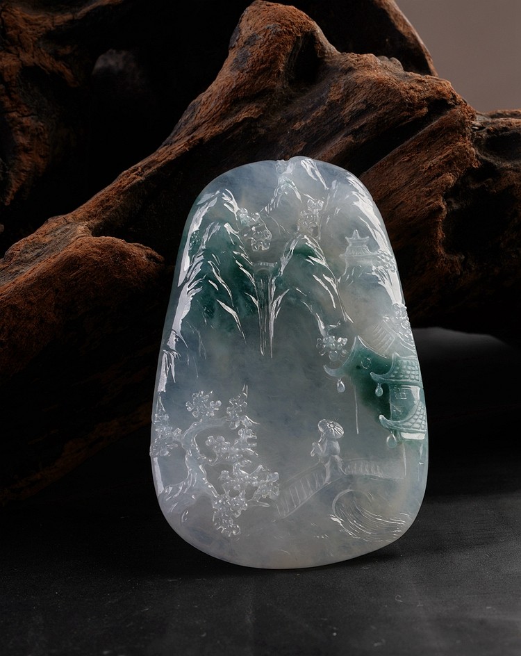 美学匠品】冰种飘蓝花意境江南山水牌 天然a货翡翠挂件91758