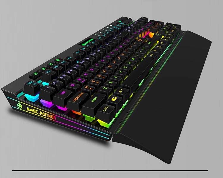 魔炼者mk12usb有线机械键盘104键侧边发光rgb背光可拆卸手托金属拉丝