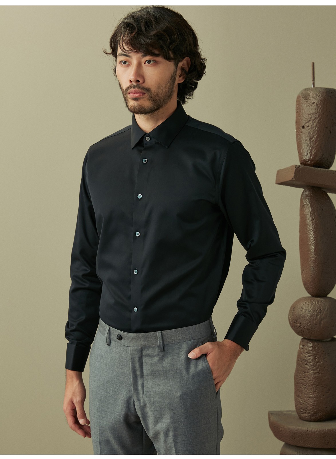 hany黑色免烫法式衬衫男商务正装设计感长袖袖扣袖口男士西装衬衣