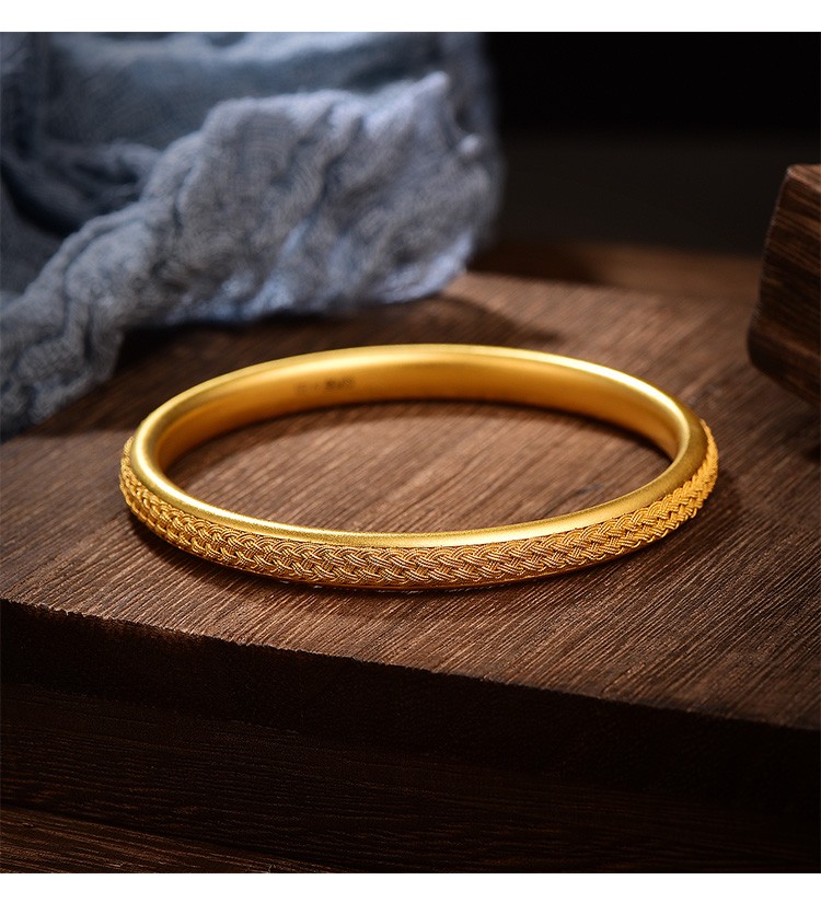明牌珠宝传家金系列编织圆镯古法黄金手镯足金呆口送长辈福镯afi0189