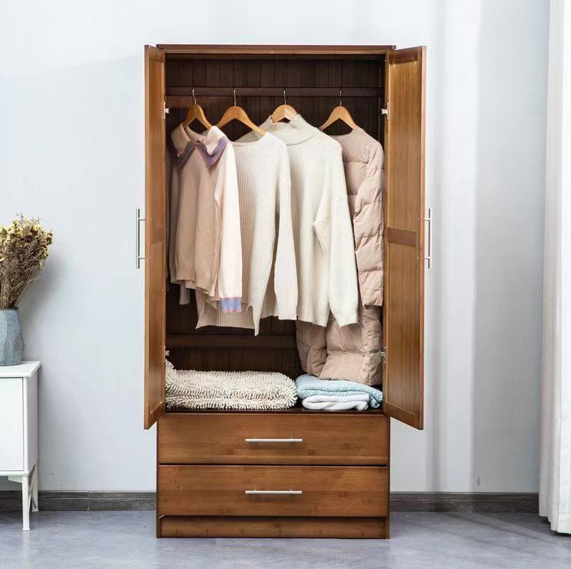 卧室家具组装职务挂衣杆分层收纳现代竹木 双门衣柜(茶色)全竹【图片